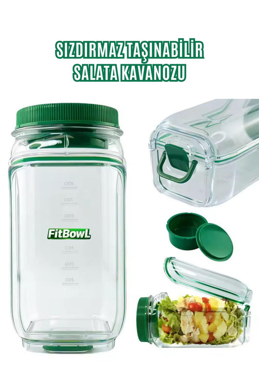 FitBowl Sızdırmaz Taşınabilir Salata Kavanozu 1000ml – Kapaklı, Yan Çevrilebilir Tabak Formu, Sos Hazneli